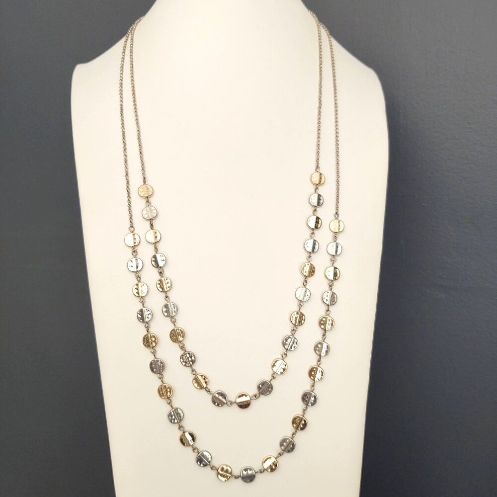 2 strand silver necklace with small hammered gold and silver disks